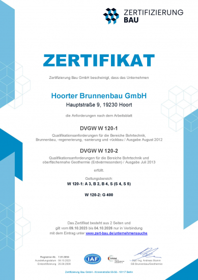 Zertifikat Hoorter Brunnenbau GmbH DVWG